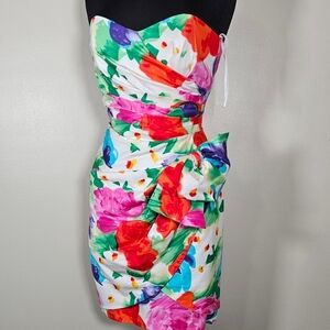 80's Garden Party Strapless Floral Cocktail Dress Sweetheart Neckline Cotton 6